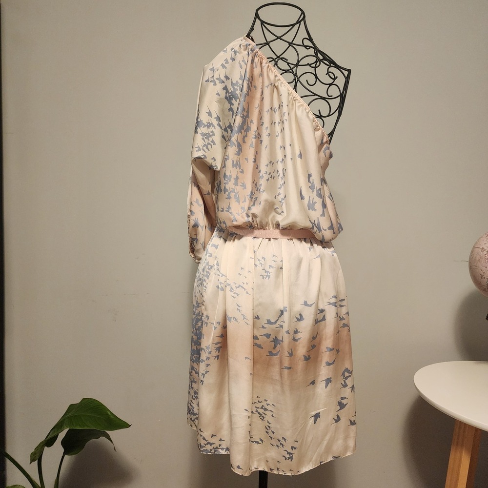 Rebecca Taylor Bird Print One Shoulder Silk Dress Blush Pink Blue Size 6